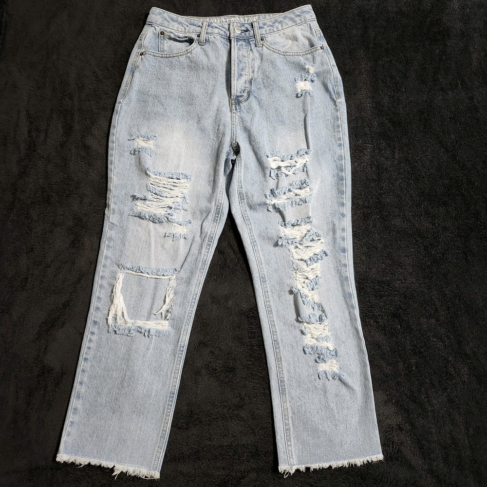 VANILLA STAR 90's Boyfriend Button Fly Distressed Raw Hem Blue Jeans Size 7